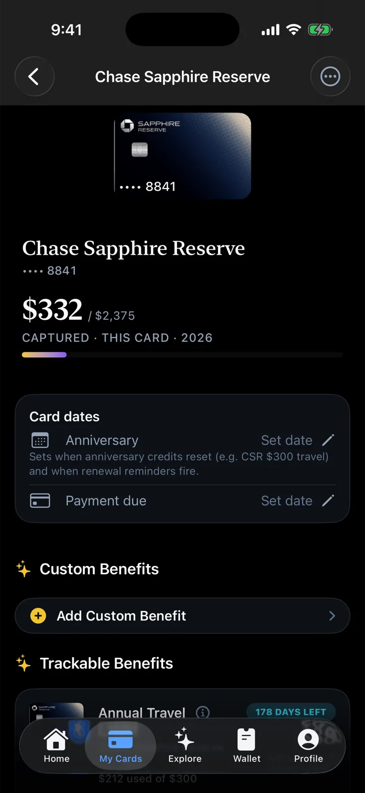 Creddy card detail screen with benefit progress bars and days-left countdowns
