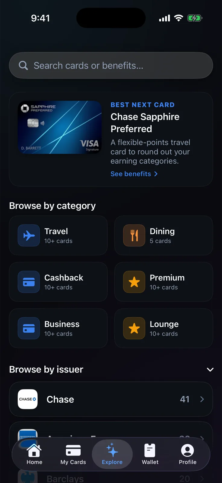 Creddy Explore screen with card categories and issuers