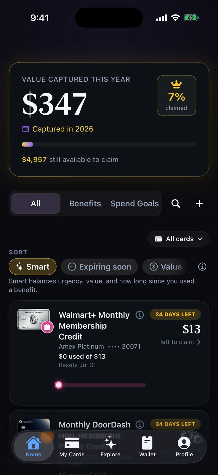 Creddy Home screen showing value captured this year and a ranked feed of expiring credits