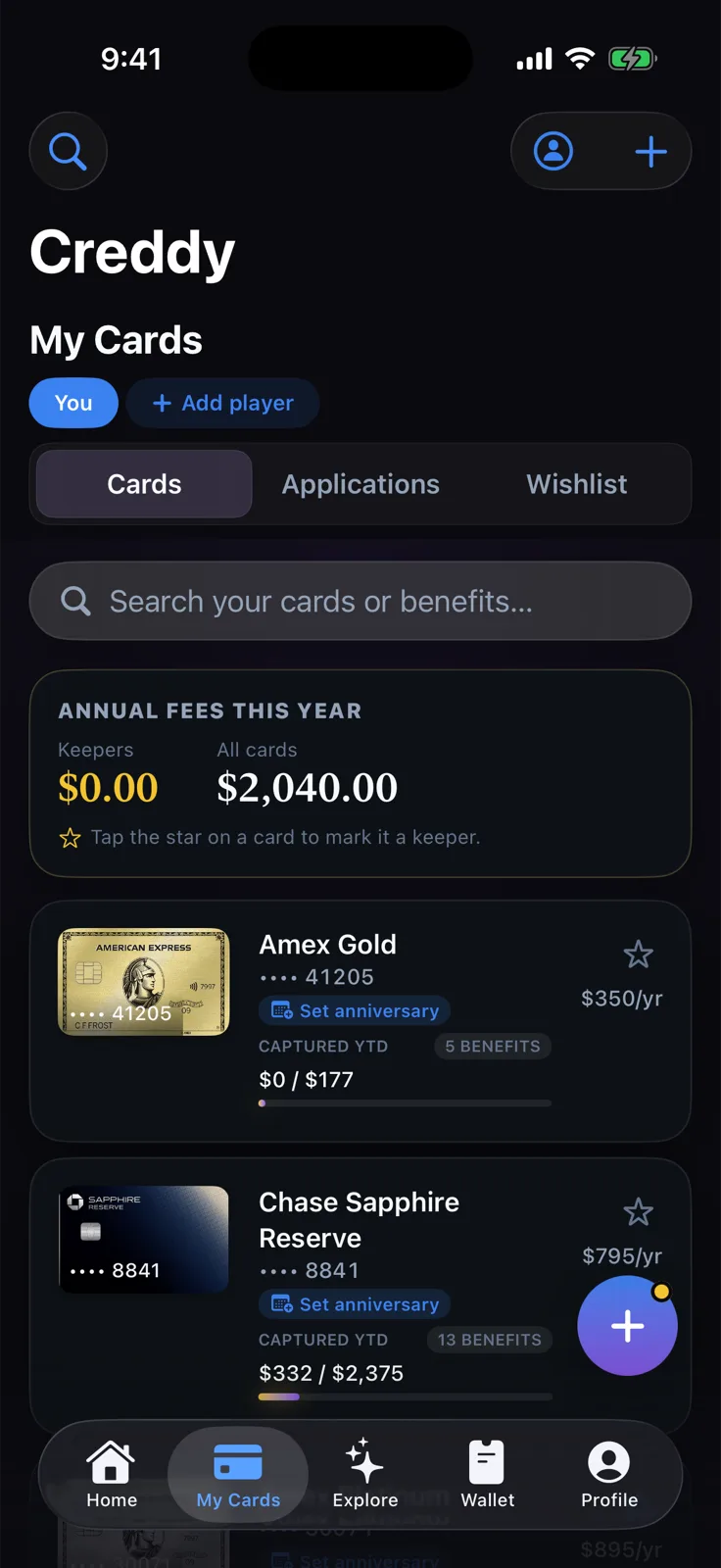 Creddy My Cards screen with Amex Platinum, Chase Sapphire Reserve and Amex Gold